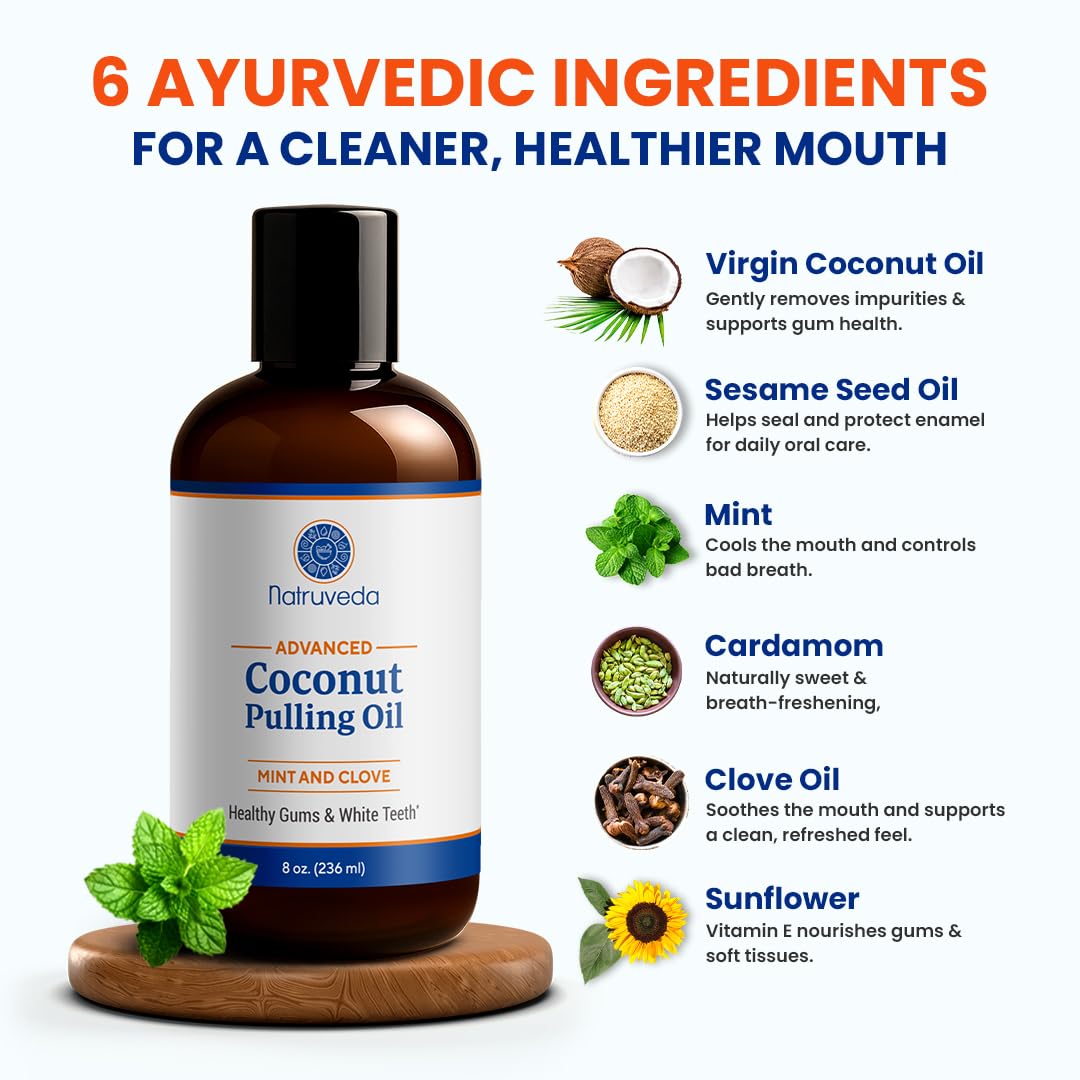 Natruveda Coconut Oil Pulling Mouthwash – 3 Pack, 8 oz Each, Cocomint Flavor, Organic Ayurvedic Oral Rinse, Natural Mouthwash for Teeth and Gums, Coconut Pulling Oil for Daily Oil Pulling