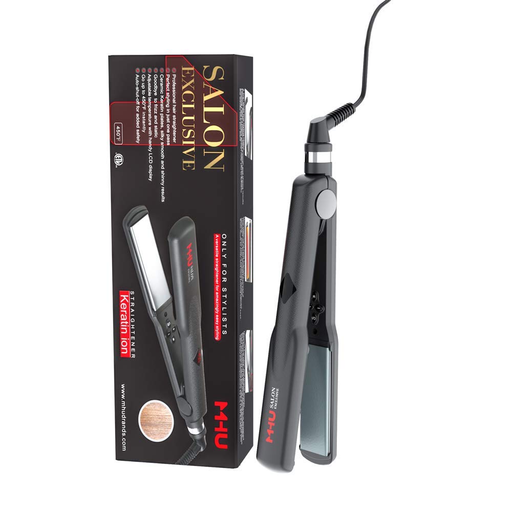 Professional Keratin Hair Straightener 1.25" Wide Flat Iron Hair Straightener Instant Heat Up Flat Iron 285℉-450℉, Dual Voltage, Auto Shut Off (Black)