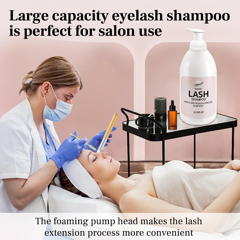 SVECKE Lash Shampoo 34fl.oz/1L, Eyelash Shampoo for Lash Extension, Eyelash Extension Cleanser, Lash Eyelid Foam Cleaning Kit for Salon Use and Home Use
