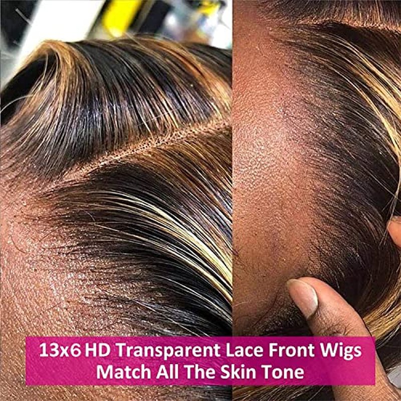 Aicrelery 4/27 Highlight 13x6 Lace Front Wigs Human Hair 13x6 Honey Blonde HD Lace Front Wig Pre Plucked with Baby Hair 180% Density Highlight Ombre Body Wave Lace Frontal Wig for Women 18 Inch