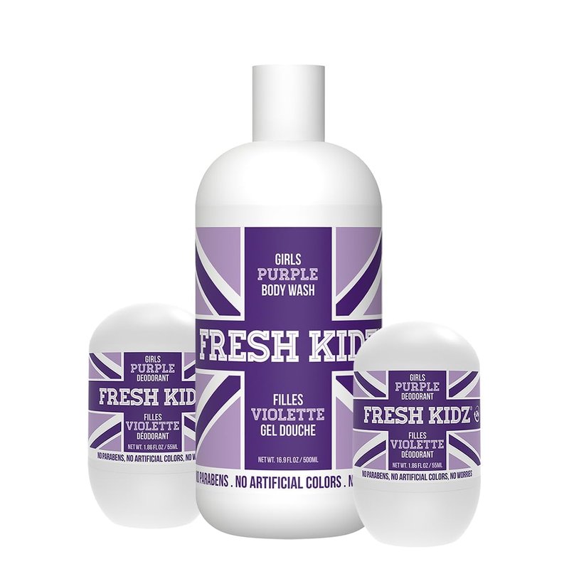 Fresh Kidz Body Wash & Deodorants Set for Kids | 16.9 fl. oz. Body Wash & 2 Roll-On Deodorants in Purple
