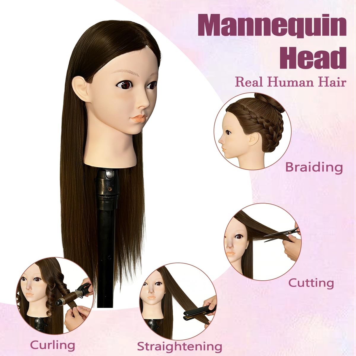 Mannequin Head with 80% Human Hair - Straight, 26"-28" Doll Head for Cosmetology & Hairdresser (A01-Black1)