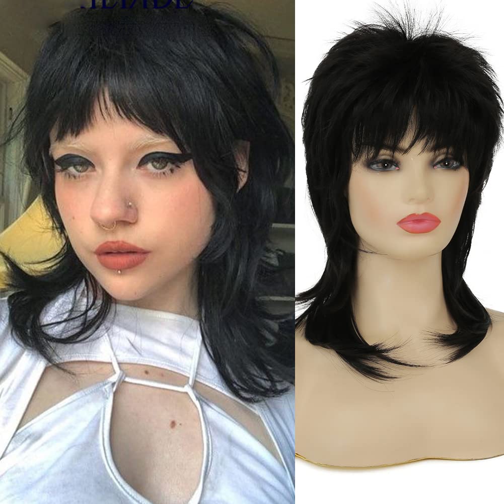 Amnenl Mullet Wig for Women Black Shoulder Length Shaggy Layered Wig Curly 80s Wigs Heat Resistant Cosplay Daily Hair Wigs (Black)