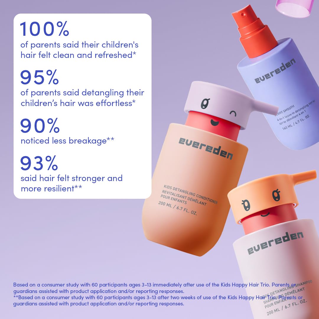 Evereden Kids Bathtime Trio: Hair Detangling Shampoo & Conditioner Set + Cloud Body Wash - Clean & Vegan Kids Haircare Set Paired With Fun Foaming Body Wash - No Sulfates, Paraben, or Phthalate