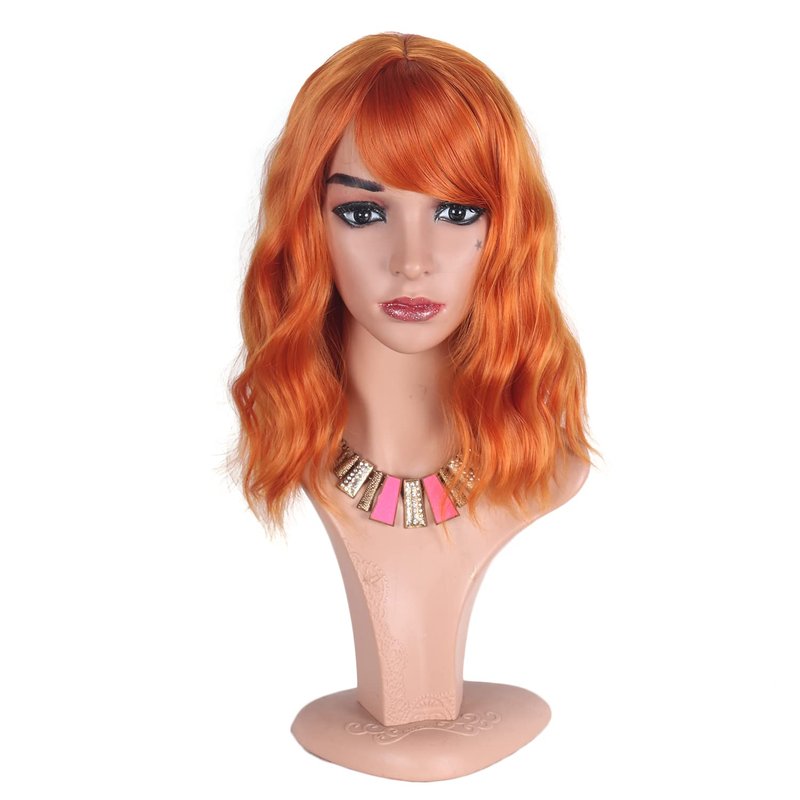 Greenmirr Short BOB Bright Orange Wavy Wigs with Bangs Heat Resistant Synthetic Hair 14in for Party Daily Wear