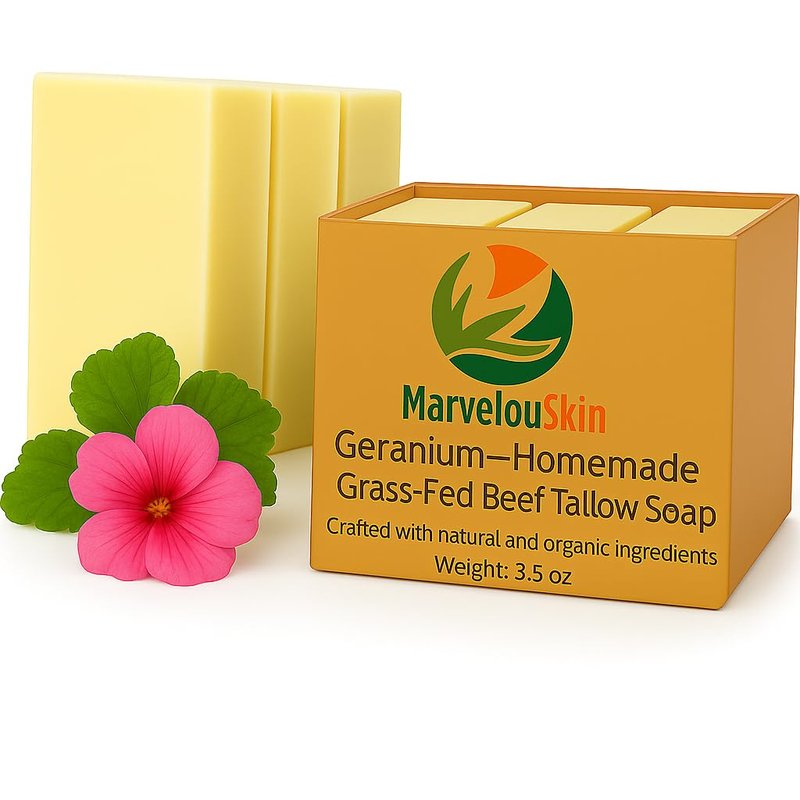 Geranium Tallow Soap Bar - Grass Fed Beef Tallow & Essential Oil | Gentle Cleanse for Face & Body, 3 Pack
