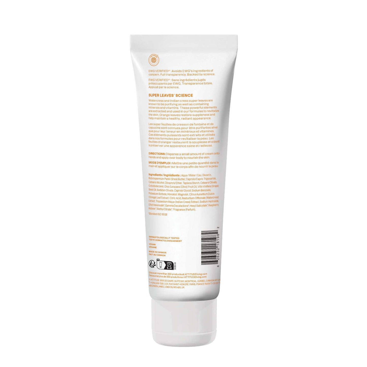 ATTITUDE Body Cream, EWG Verified, Plant- and Mineral-Based Ingredients, Vegan and Cruelty-free, Energizing, Orange Leaves, 8 Fl Oz