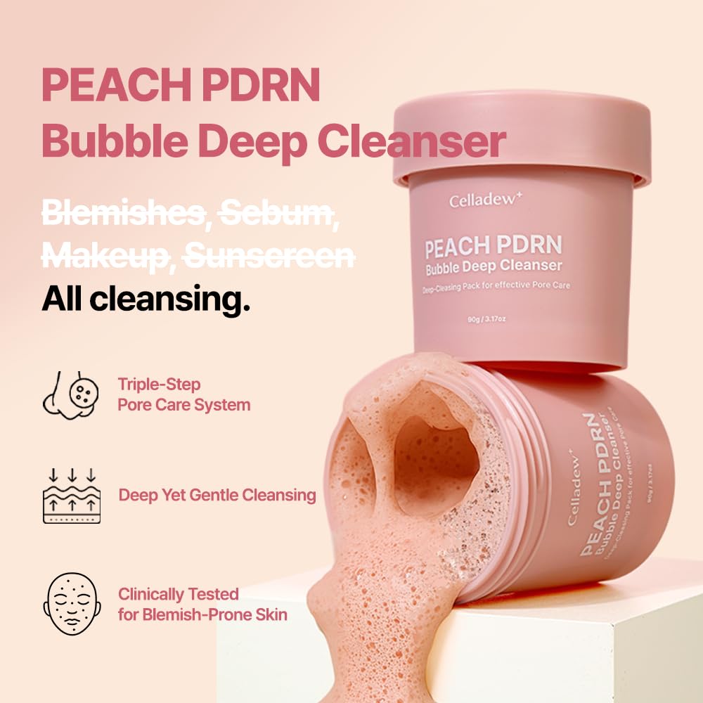 CELLADEW Peach PDRN Bubble Deep Cleanser with Succinic Acid, Facial Cleanser for Sensitive Skin, Korean Skincare (3.17 fl.oz.)