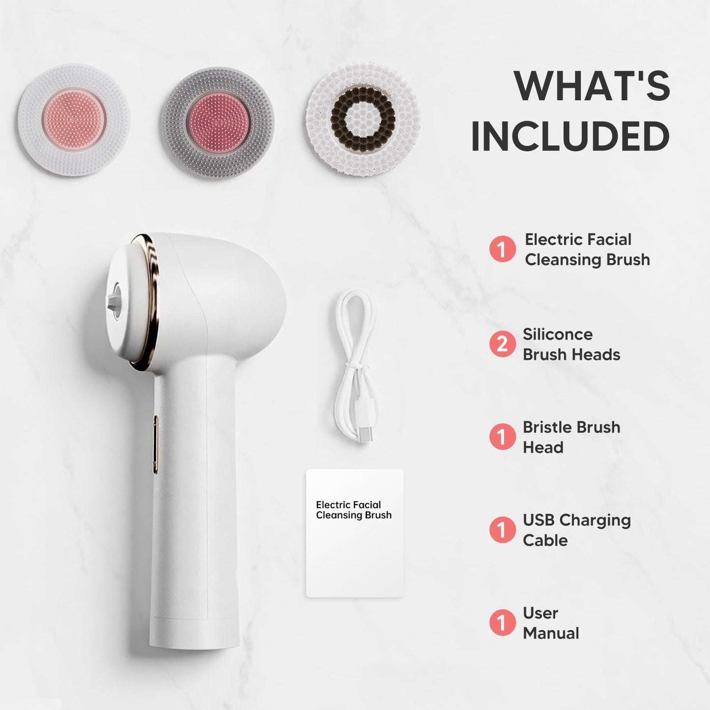 Electric Facial Cleansing Brush, Rechargeable Waterproof Dual Rotating Face Scrubber with 3 Interchangeable Heads, Soft Silicone Face Brush, White