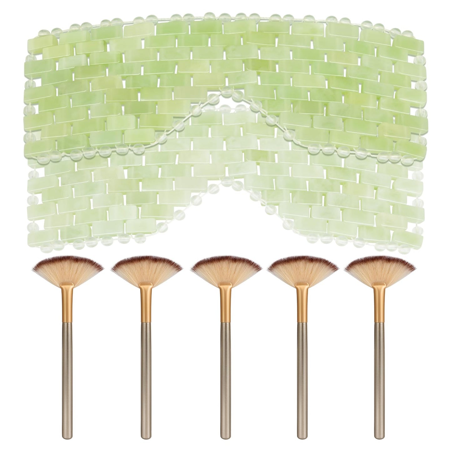 LazyGa 2Pcs Jade Eye Mask & 5 Pieces Facial Fan Mask Brush, Jade Facial Cooling Mask and Brushes Tools Kit for Mud Cream Home Spa/Travel - Relieve Puffiness, Anti-Aging Beauty Supplies