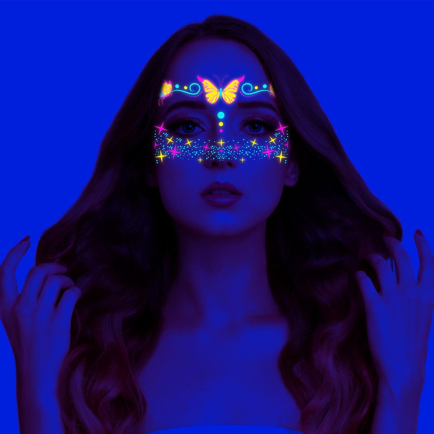 Neon Face Tattoos Glow in The Dark Temporary Tattoos,UV Blacklight Tattoos Stickers Body Face Flowers Butterfly Tattoo for Glow Party Makeup Supplies Favors