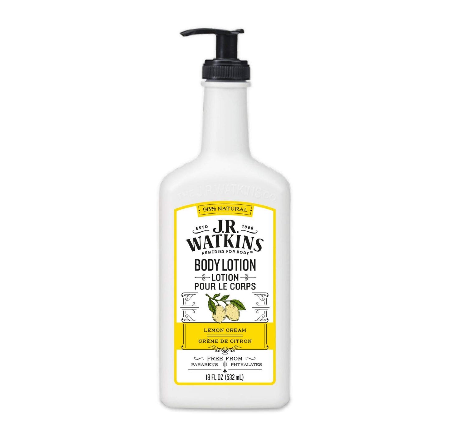 J.R. Watkins Daily Moisturizing Lotion – Body Cream in Pump Dispenser – Hydrating Skin Cream Made with Shea Butter, Cocoa Butter, Coconut Oil & Vitamin E, Lemon Cream, 18 fl oz