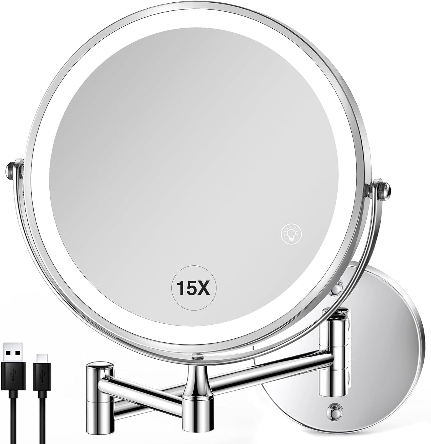 Wall Mounted Lighted Makeup Mirror - 8.5 Inch Double-Sided with 1X/15X Magnification | Chrome Finish for Vanity and Bathroom
