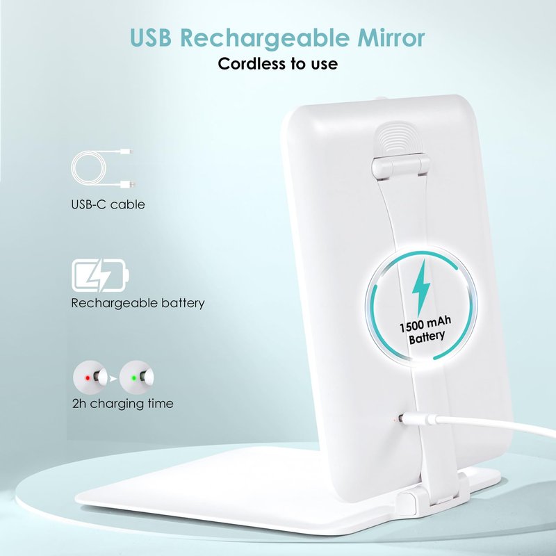 7.8" x 6.1" Rechargeable Travel Makeup Mirror with Lights and Small 10X Magnification, Foldable Stand with Adjustable Height & Angle, 3 Light Colors LED Lighted Vanity Mirror (White)