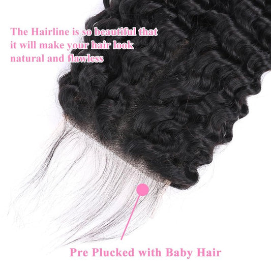 5x5 HD Lace Deep Wave Ultra-thin Transparent Lace Closure 12A Brazilian Virgin Human Hair Closure Free Part Pre Plucked with Baby Hair Natural Black 16 Inch