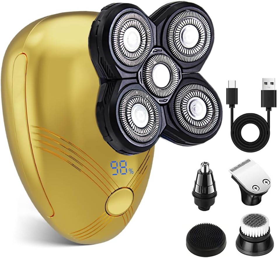 5-in-1 Electric Cordless Razor for Men | Bald Head Shaver Grooming Kit with Nose Trimmer & LED Display - Gold