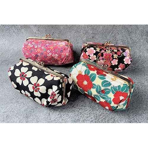 Kiss Lock Small Makeup Bag for Purse [ Made in Japan] Traditional Edo Komon Design Cute Cosmetic Pouch (Cherry blossom (Black))