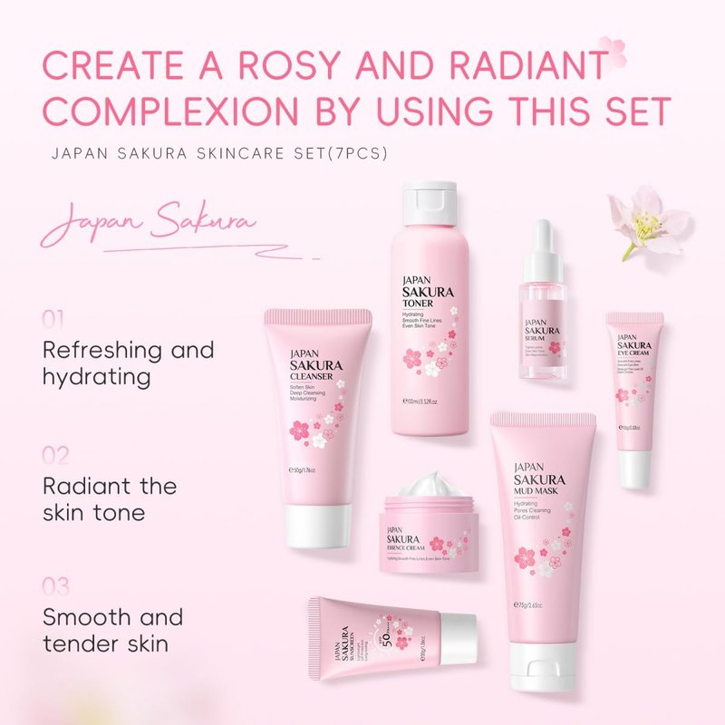 Sakura Skin Care Set - Complete 7-Piece Skincare Gift Set for Girls 10-12 | Travel Size with Mud Mask