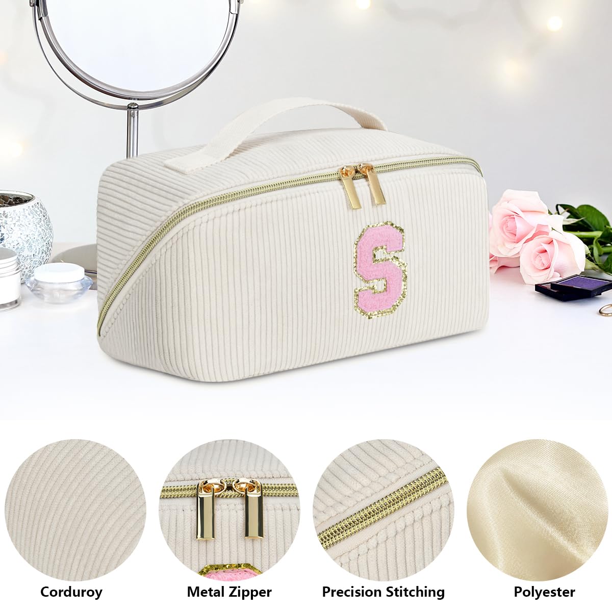 DTBG Personalized Initial Makeup Bag, Valentine's Day Gifts for Girls,Preppy Bag Cosmetic Travel Bag Women,Travel Toiletry Organizer,Large Capacity Corduroy Stuff Bag,Cute Cosmetic Pouch Skincare Bag