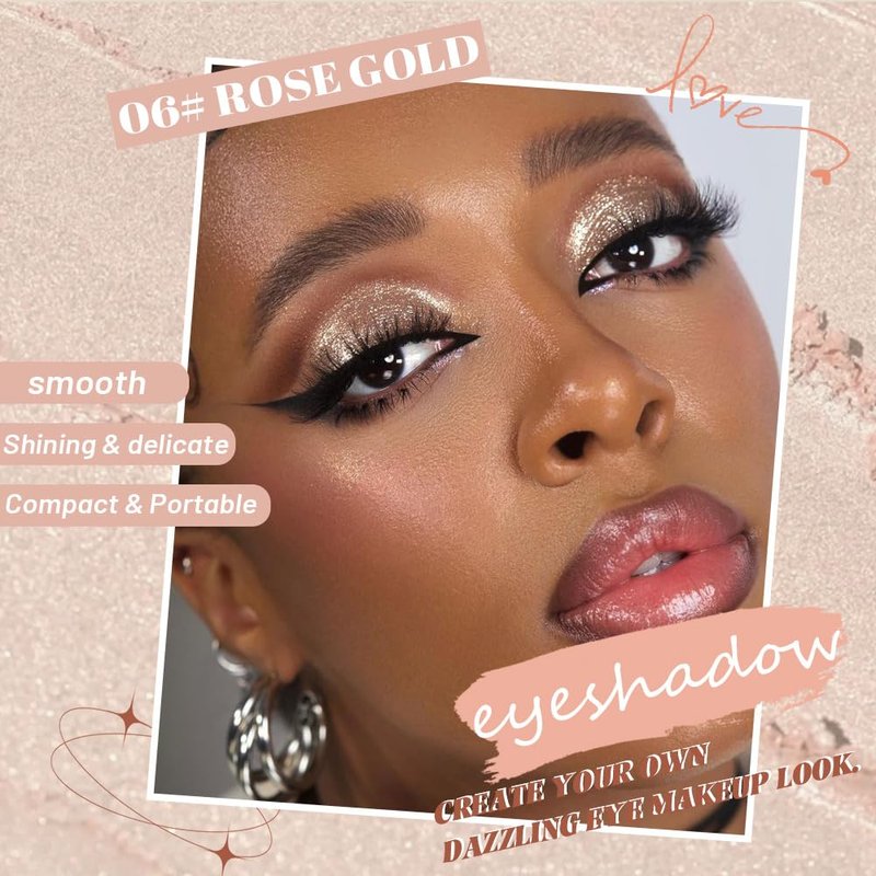 HHLTOH Pressed Single Eyeshadow Makeup, Sparkle Highly Pigmented Monochrome Eye Shadow Palette, Waterproof Neutral Powder, sombras para ojos, Lightweight Blendable, #04 Rose Gold+#06 Champagne Gold