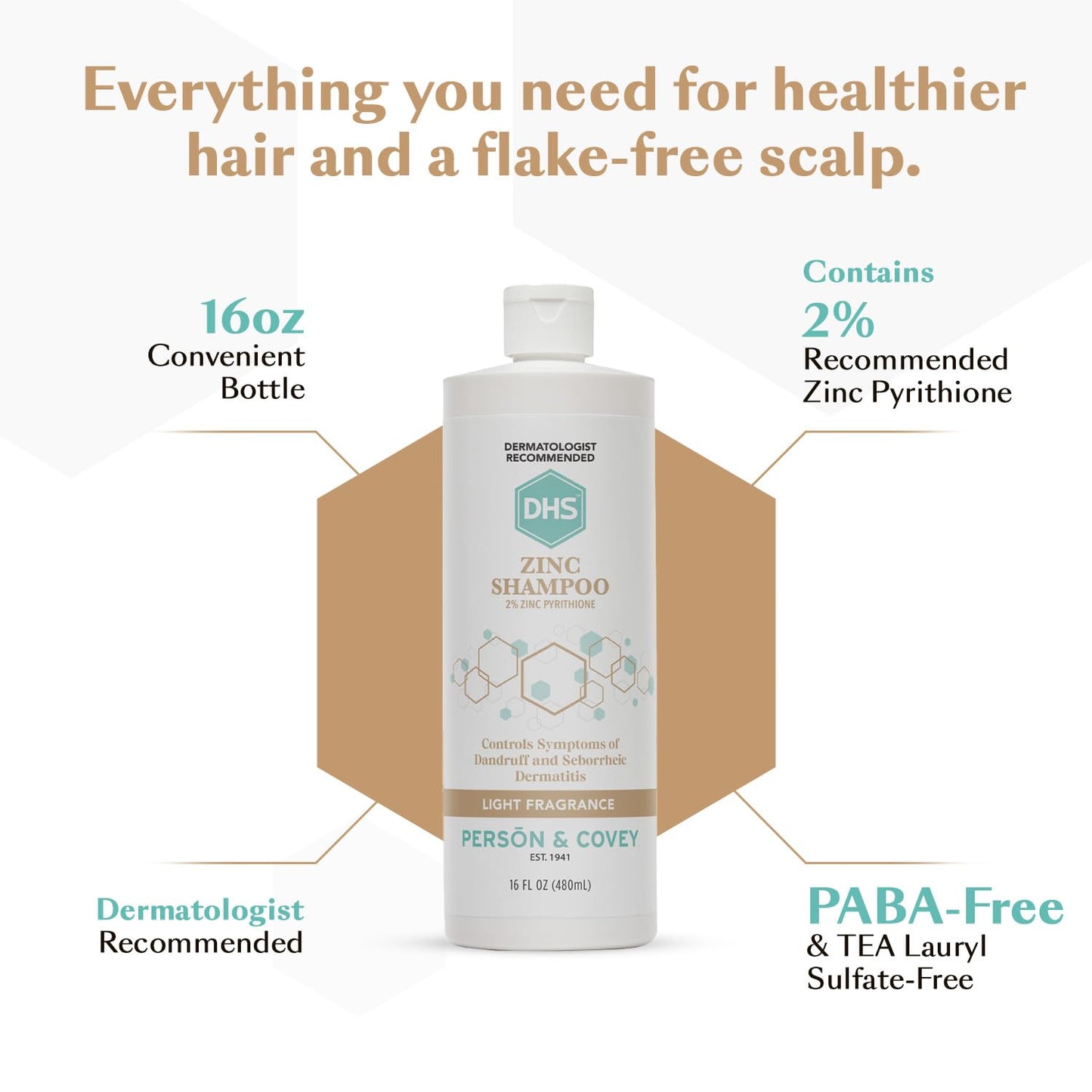 DHS Zinc Shampoo – Dandruff Shampoo – for Flaky and Dry Scalp with 2% Zinc Pyrithione, 16 oz