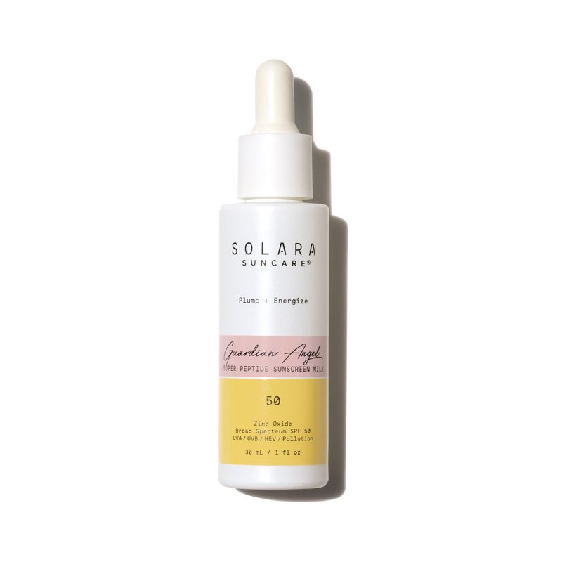 Solara Suncare - Guardian Angel Super Peptide Sunscreen Milk, SPF 50 | EWG Verified, Vegan, Cruelty Free, Reef friendly | Plump+Energize | Zinc Oxide Helps Fight UVA, UVB, Pollution (1 fl oz | 30 ml)