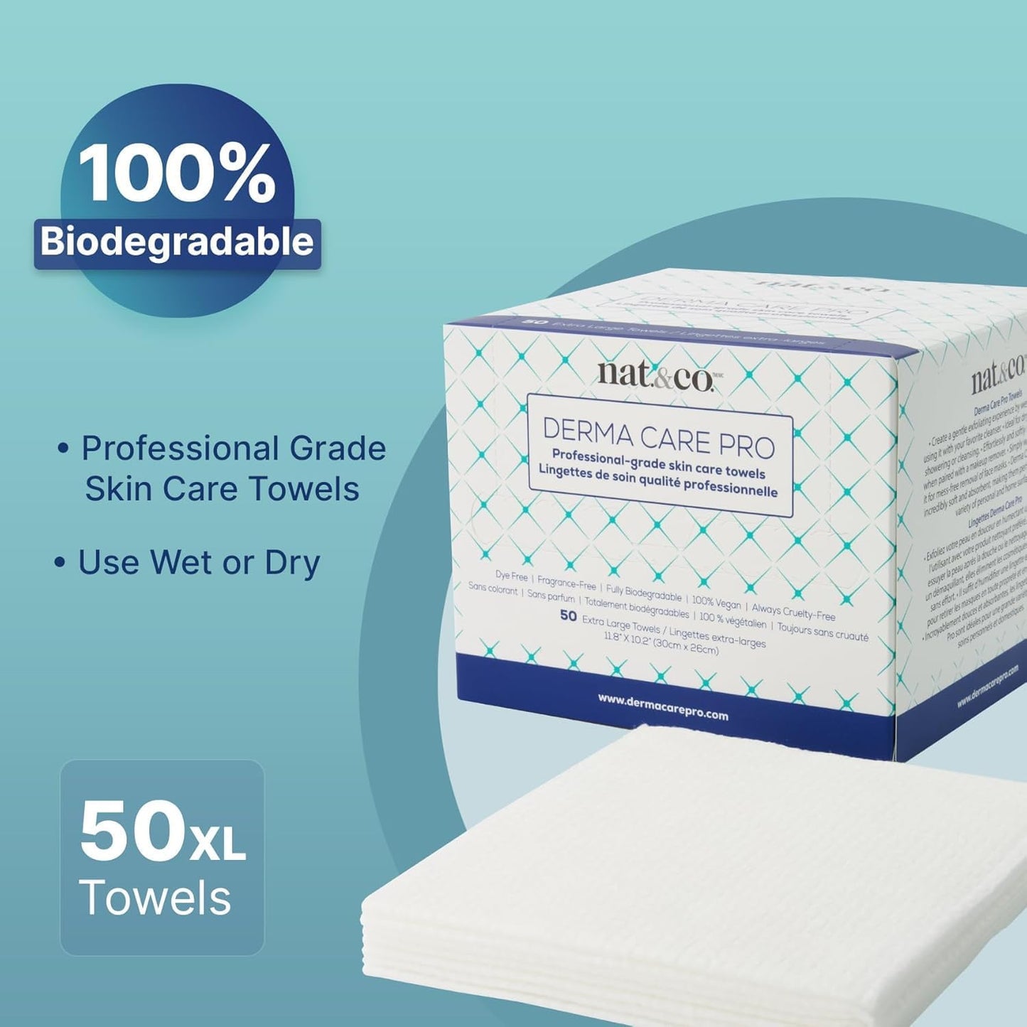 Derma Care Pro Face Towels - 100% USDA Biobased Material, Extra Large Makeup Remover Cloths | 50 Count for Sensitive Skin