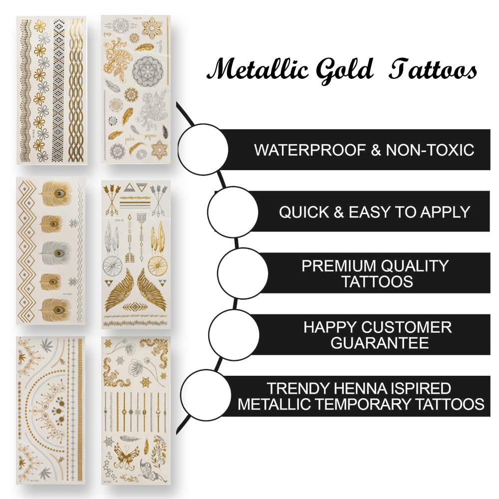 Muulaii 8 Sheets Gold Tattoos Temporary, Long Lasting Metallic Tattoos