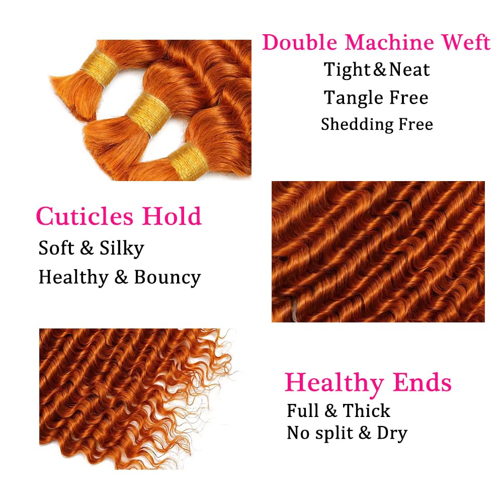 Deep Curly Human Braiding Hair - Orange 350 Ginger Boho Extensions | 16 Inch Bulk