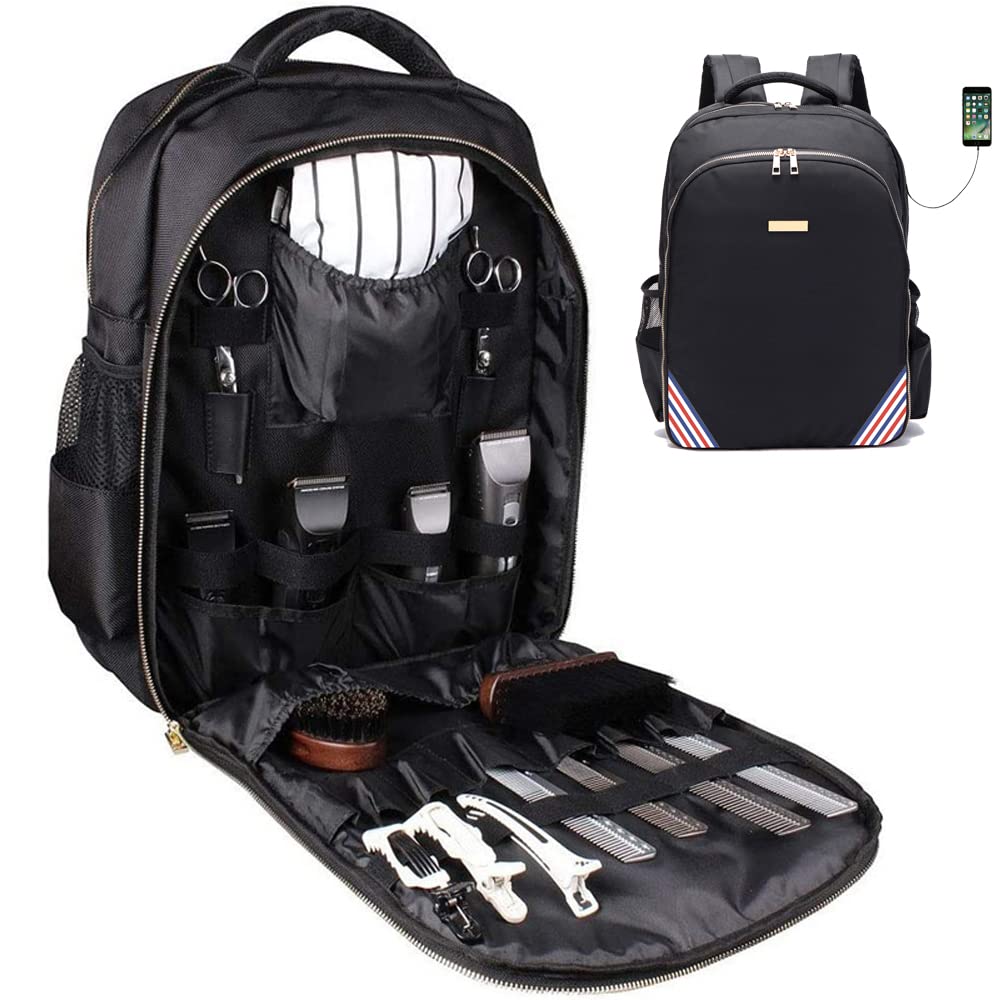 NIHANEH Barbers Bookbags for Clippers and Supplies Hairstylist Bags Travel Backpack Case for Barbers Tools Storage with USB and PU…