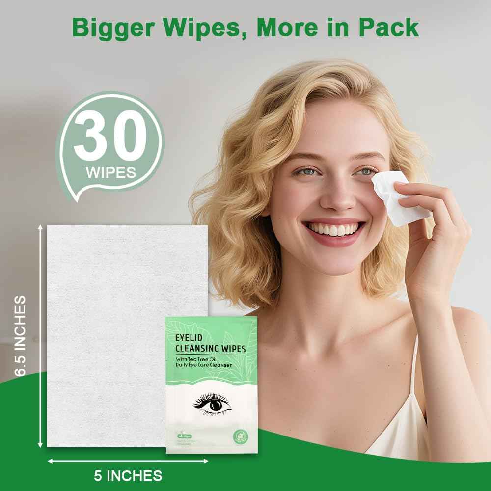 30 Count Eyelid Wipes, Gentle Eyelid Cleansing Wipes with Tea Tree Oil, Moisturizing Eye Wipes for People with Dry Eyes, Itchy, Styes & Blepharitis, Eyelid & Lash Wipes Individually Wrapped for Travel