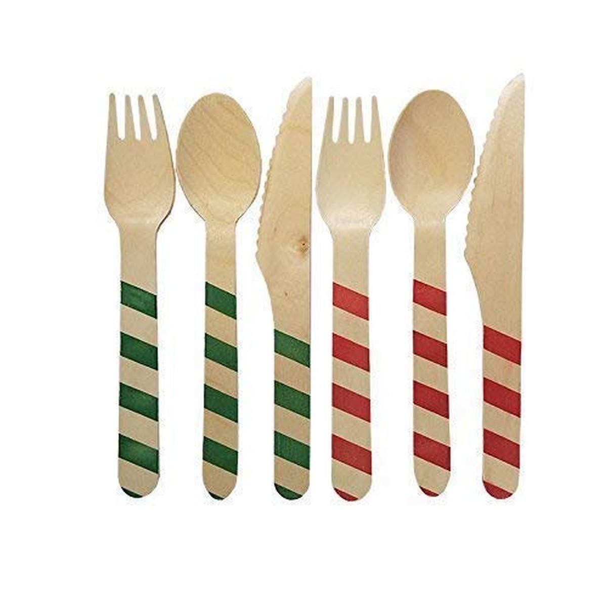 Perfect Stix Picnic Kit 48ct - Red & Green Holiday Striped Printed Wooden Cutlery (Pack of 48)