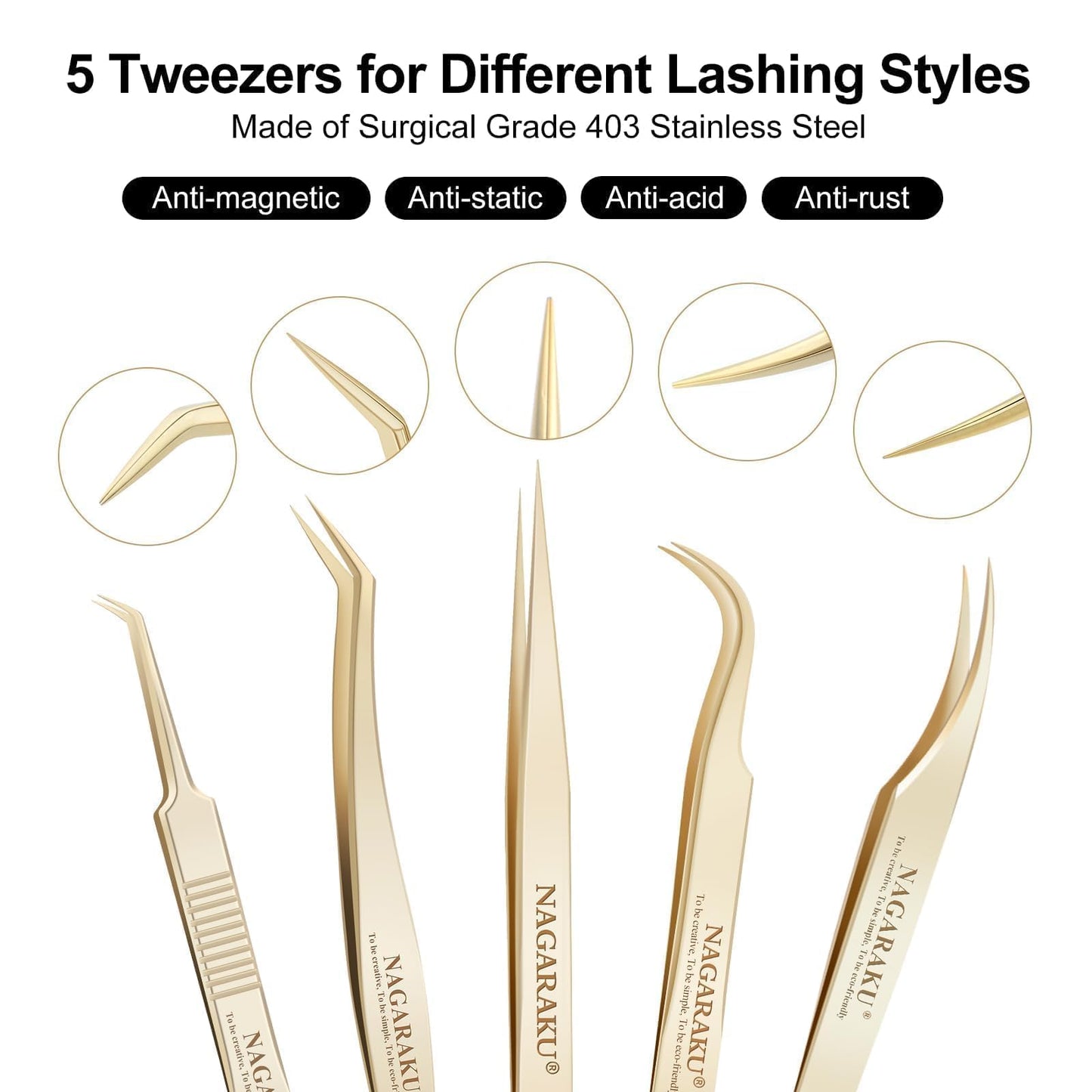 NAGARAKU Professional Eyelash Extension Tweezers, Precision Tip Stainless Steel Lash Tool Straight & Curved for Individual & Volume for Salon Use, 5 PCS Tweezer Set Easy Fanning w. Paper Box