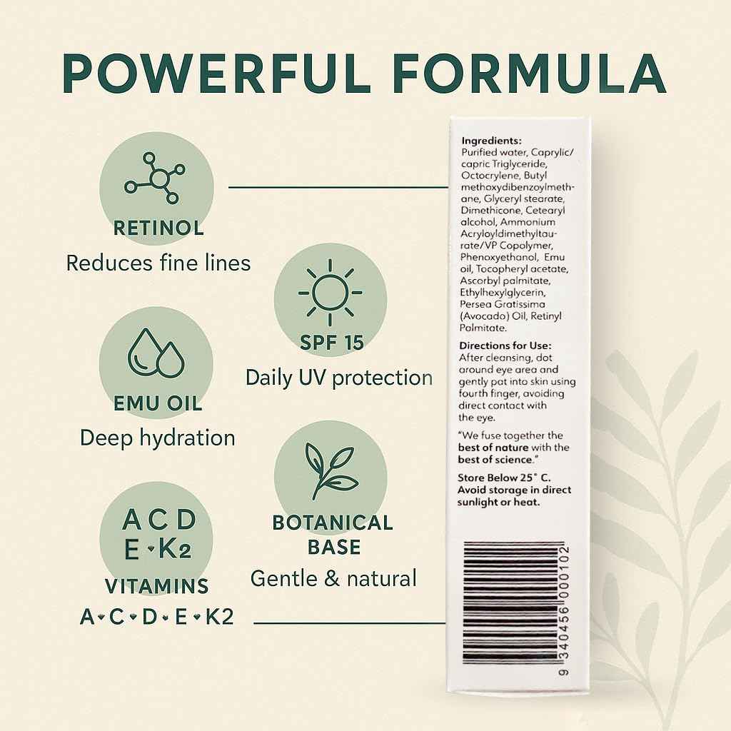 Y-Not Natural Revitalising Eye Cream – Retinol, Emu Oil, Vitamins A C D E K2, SPF 15 – Anti-Aging Hydrating Eye Treatment for Wrinkles, Puffiness, Eye Bags, Dark Circles – 15g/0.53oz – Clean Skincare