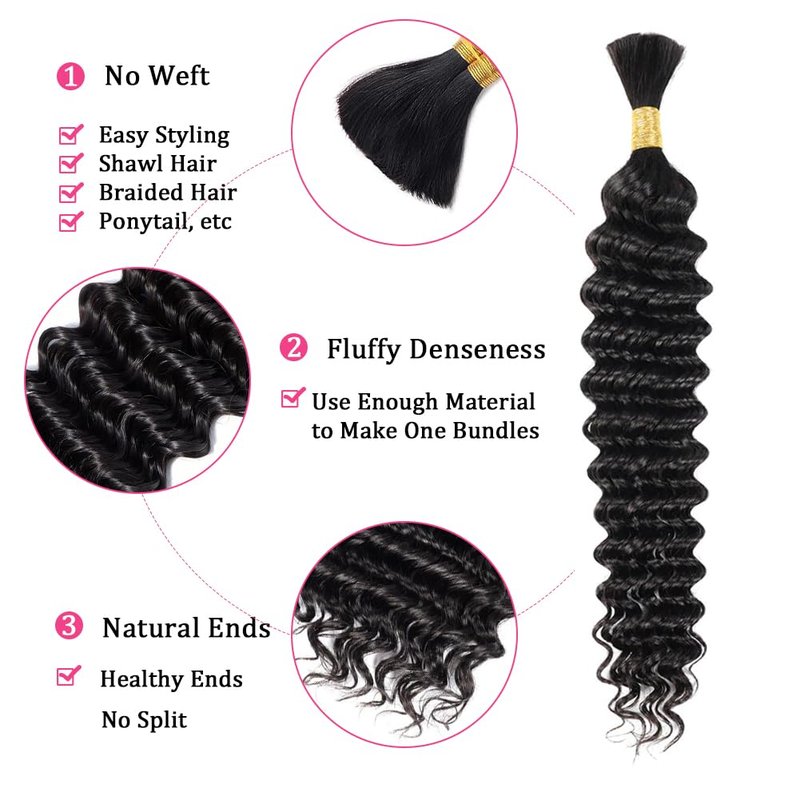 Human Braiding Hair 2 Bundles 100g 18Inch Deep Wave Bulk Human Hair for Braiding No Weft Curly Braiding Hair Bulk Curly Human Hair for Boho Braids 12A Brazilian Virgin Hair Extensions Natural Color