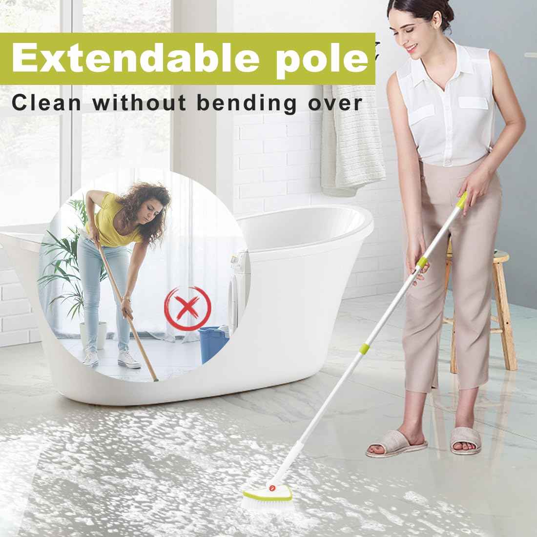 CQT 2 in 1 Bathroom Cleaning Brush with 48" Extendable Long Handle Detachable Scrub Brush with 2 Scrubber Heads and 2 Scouring Pad Head for Cleaning Bathtub Shower Bathroom Wall Bathtub Floor