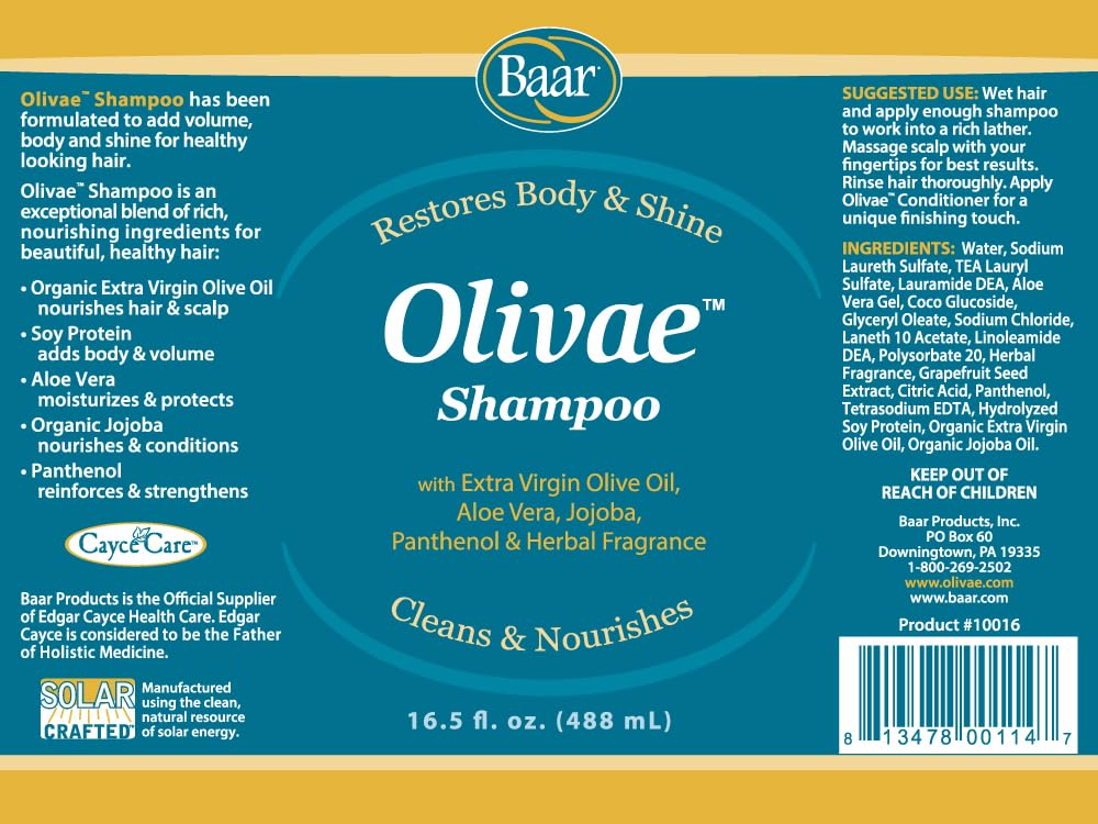 Baar Olivae Shampoo, Formulated with Organic Olive Oil to Nourish & Cleanse, Infused with Aloe Vera, Jojoba Oil & Proteins to Repair Dry Damaged Hair & Add Volume, 16.5 fl oz