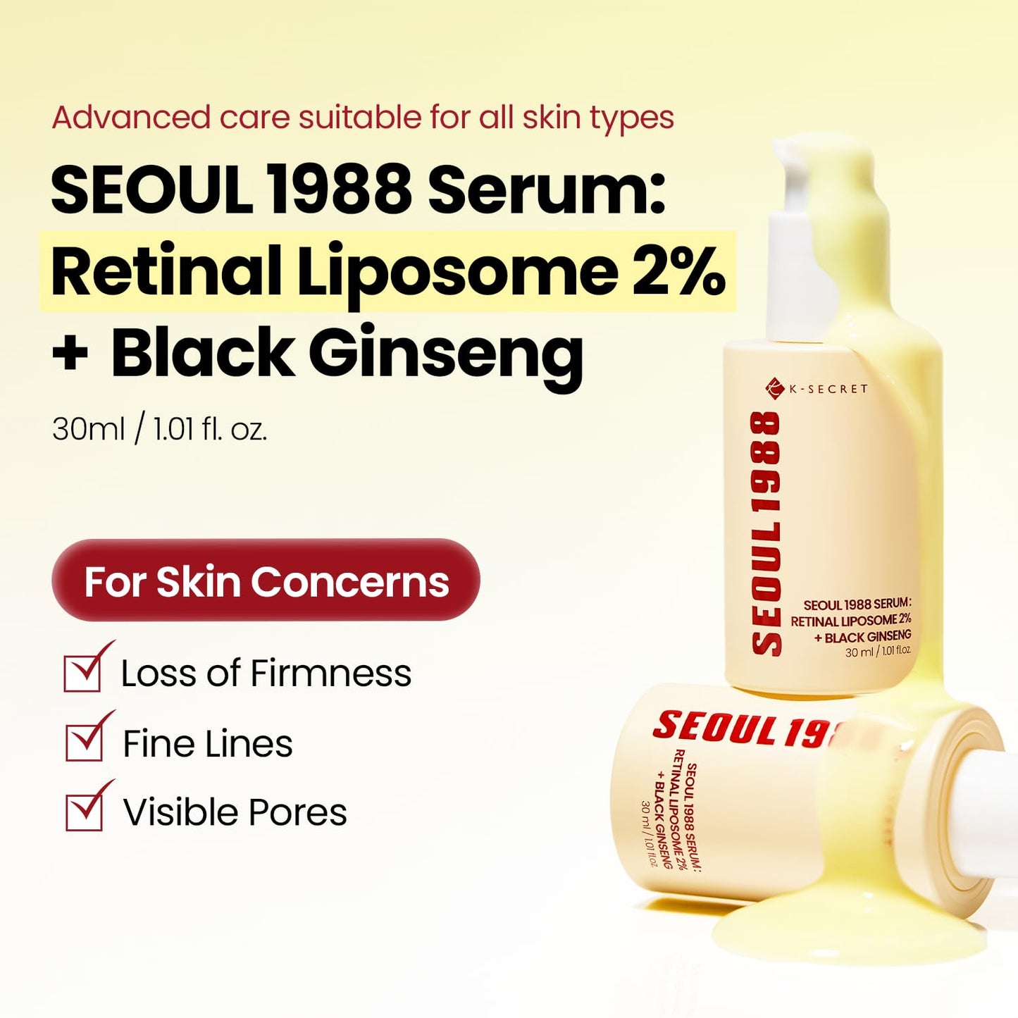 K-SECRET SEOUL 1988 Retinal Serum – Formulated with Advanced Retinal Liposome 2% and 58% Black Ginseng Extract | Fine Lines and Skin Texture Care Serum | Korean Skincare, 30ml / 1.01 fl oz