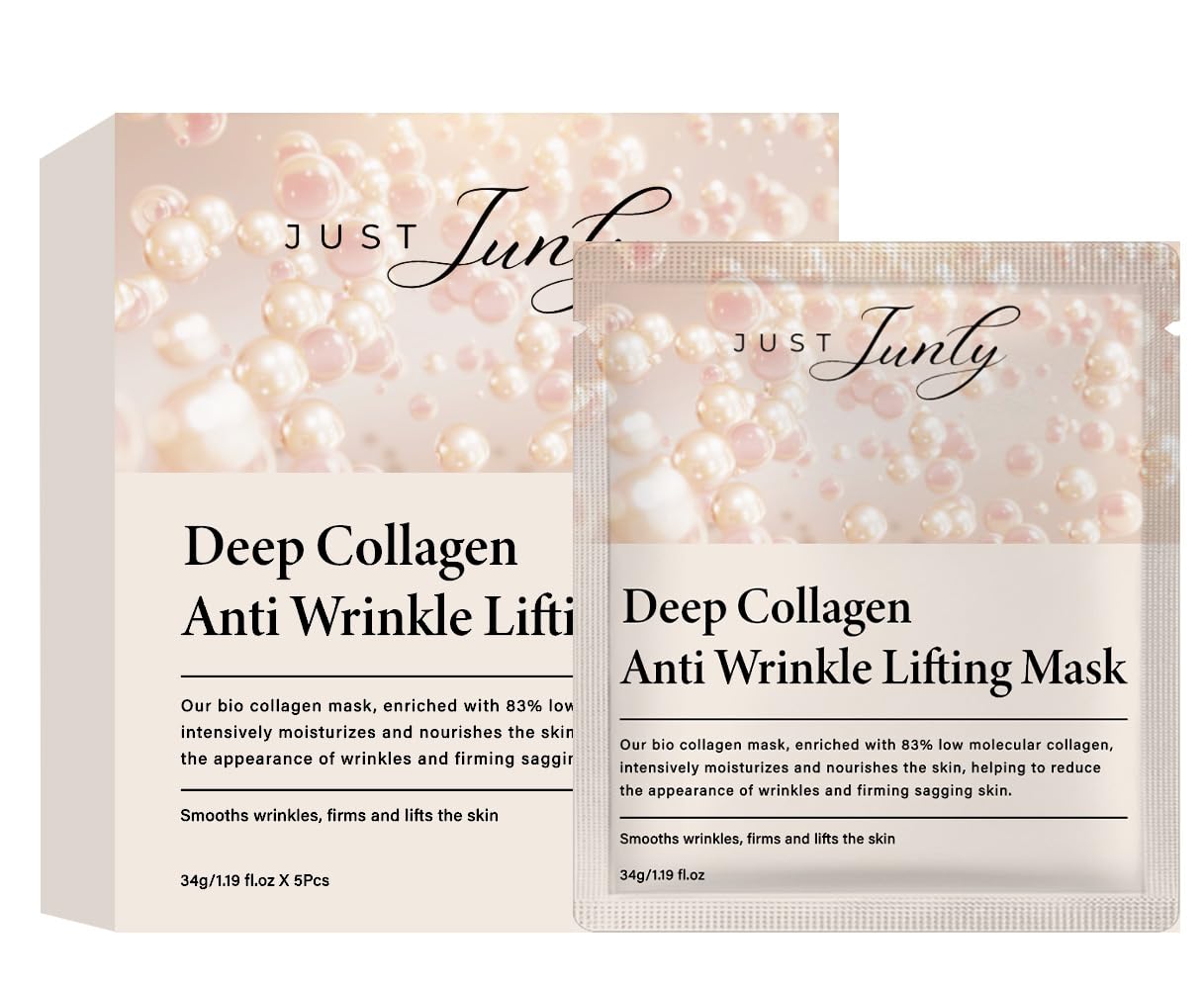 JUST Junly Bio-Collagen Face Mask Sheets, 5-Pack Hydrating, Moisturizing & Brightening Skincare for Glowing Skin, Anti-Aging Sheet Masks for All Skin Types, Deep Nourishing Facial Treatment