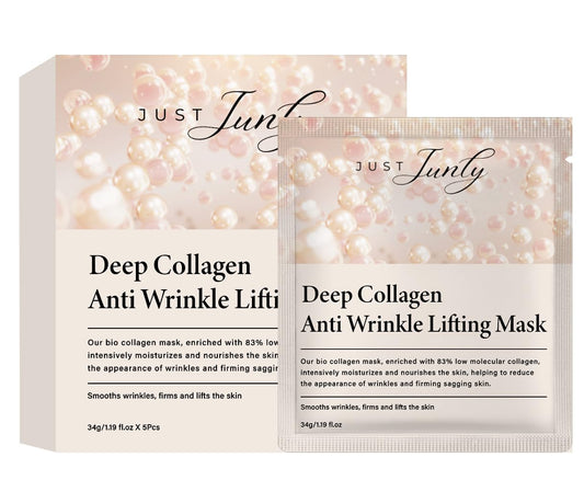 JUST Junly Bio-Collagen Face Mask Sheets, 5-Pack Hydrating, Moisturizing & Brightening Skincare for Glowing Skin, Anti-Aging Sheet Masks for All Skin Types, Deep Nourishing Facial Treatment