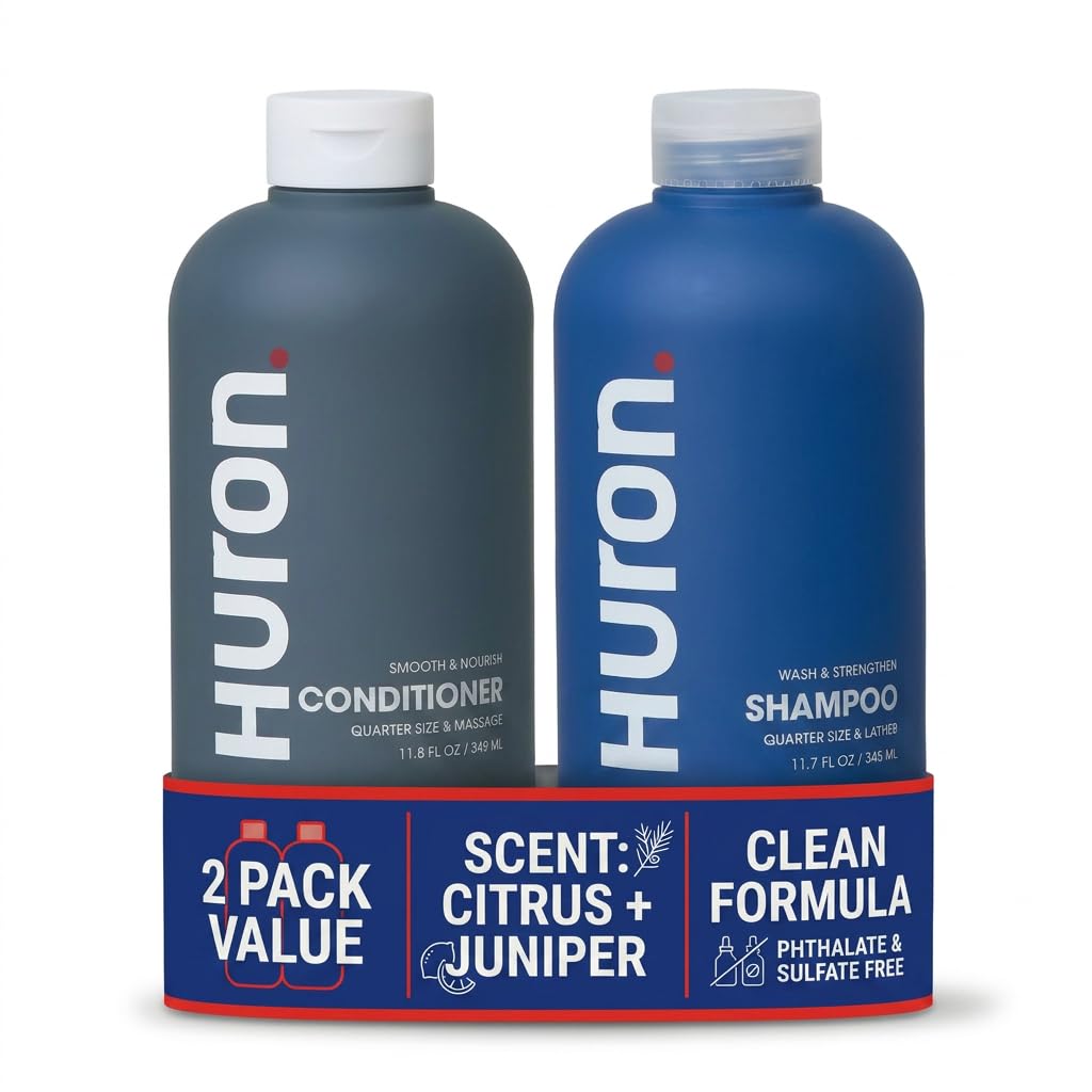 Huron Hair Duo for Men and Women - Shampoo & Conditioner Set with Citrus + Juniper Scent, Hydrating & Strengthening Hair Wash & Frizz Control Treatment, Phthalate-Free, Non-Toxic, 12 Fl Oz (Pack of 2)