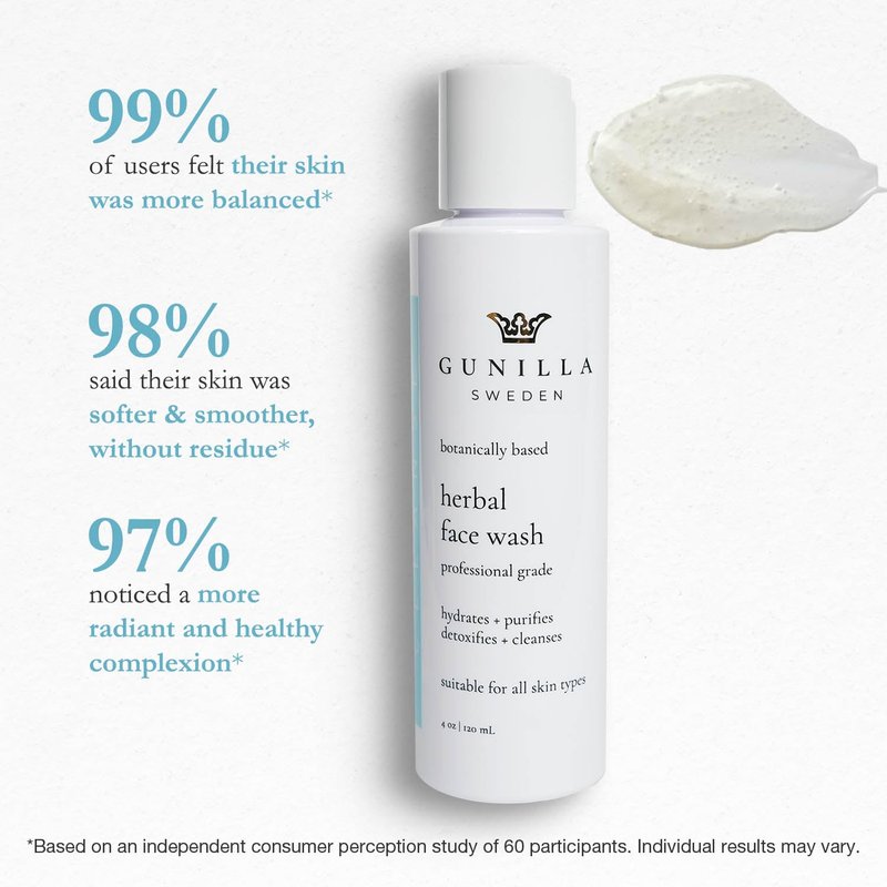 GUNILLA Herbal Face Wash - Very Gentle Daily Cream Cleanser for Dry, Normal, Sensitive Skin. Removes Dirt, Oil & Impurities. Plant-Based. Vegan. Natural. Concentrated 6.7 oz