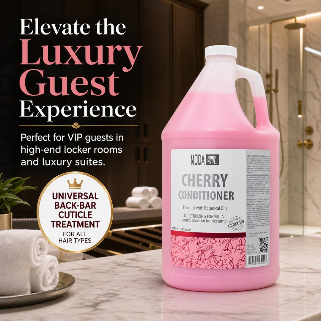 MODA Cherry Bulk Salon Conditioner Premium Back-Bar & Amenity Treatment Salon-Grade Luxury at Commercial Scale A 'set it and forget it' 1-Gallon single-SKU solution Repairs the cuticle 128 Oz