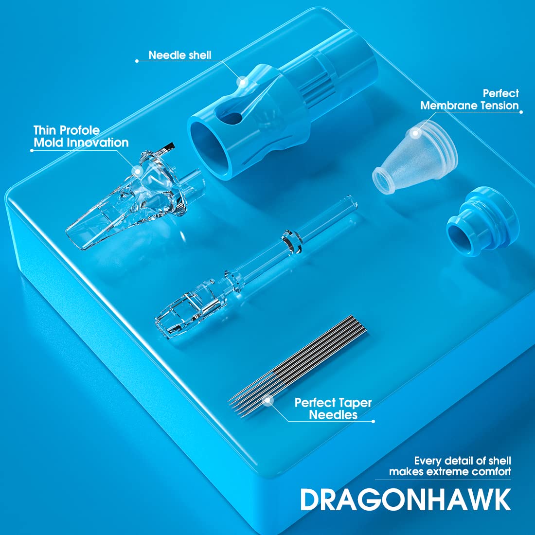Dragonhawk 50Pcs Tattoo Cartridge Needles #10 Assorted Mixed Size Round Liner 1RL 3RL 5RL 7RM 9RM Curved Magnum Disposable Membrane for Rotary Machine
