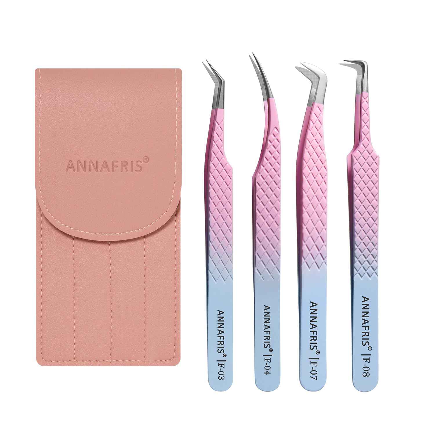 ANNAFRIS Eyelash Extension Tweezers,Fiber Tip Grip Boot Volume Lash Tweezers,Professional Pointed Lash Extension Tweezers for Easy Lash Application and Removal(4Pcs-F03/04/07/08)
