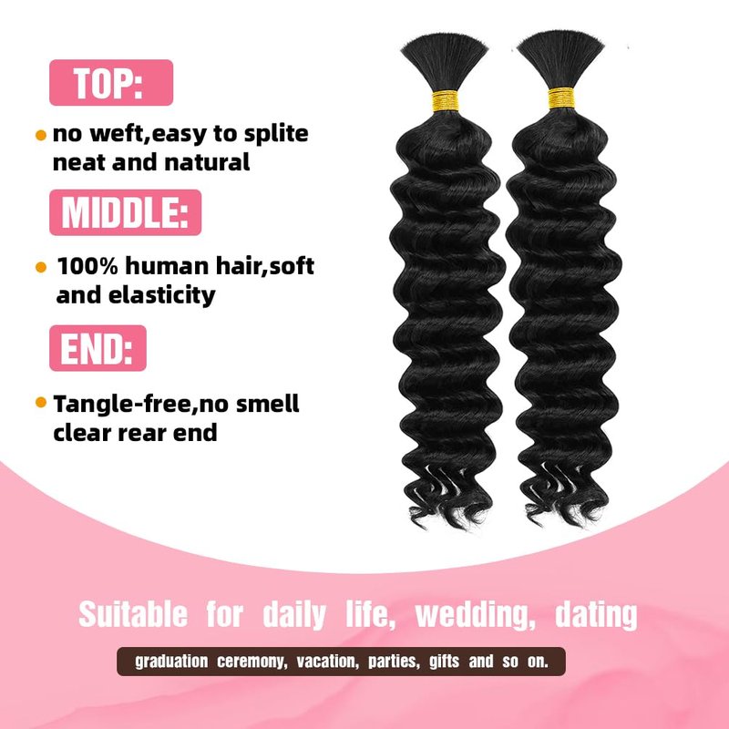 Human Braiding Hair - 16 Inch 100g Boho Braids | 10A Deep Wave Brazilian Virgin Wavy Extensions in Natural Black
