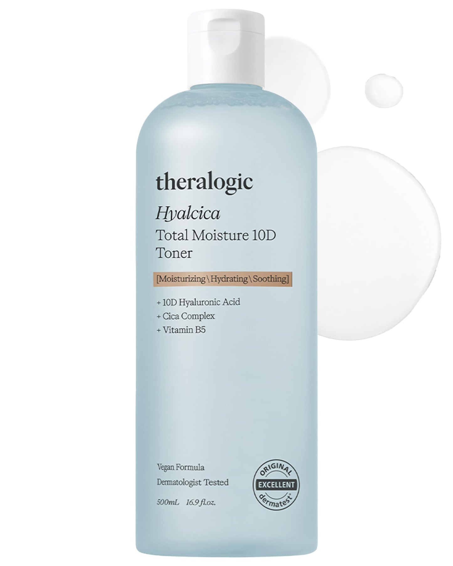 Theralogic Hyalcica Total Moisture 10D Toner - Vegan Moisturizing Soothing Korean Face Toner with 10 Hyaluronic Acid and CICA - Low pH Face Toning Water - Derma Tested, 16.9 fl.oz.