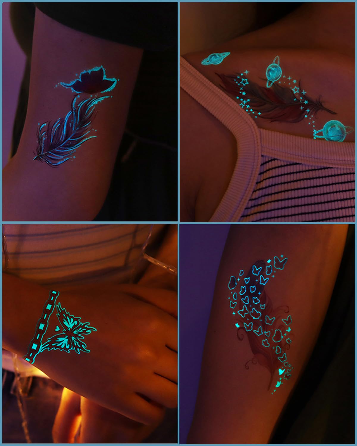 Onogola 20 Sheets Glow In The Dark Butterfly Temporary Tattoos for Women, Luminous Flower Butterflies Wings Fake Tattoo Stickers Art Makeup Waterproof for Face Body Arm Party Favors