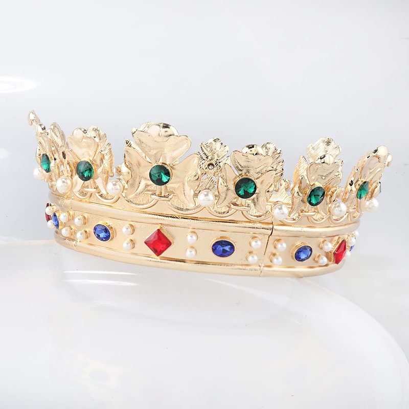 YADIRF Baroque Royal Crown Men's Metal Prince Hair Crown Full Circle Birthday Party Hair Accessories For Halloween Costume Party Prom (Large Size 7.28" Diameter, Gold With Green Stone)