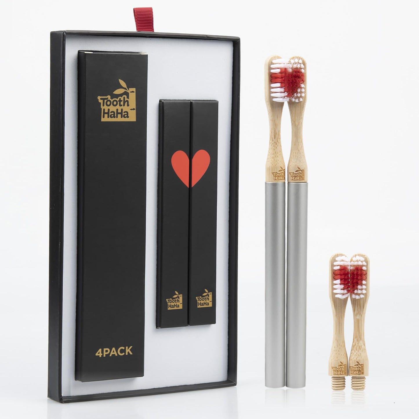 Tooth HaHa Replaceable Brush Head Toothbrush, 2 Aluminum Alloy Handles and 4 Bamboo Brush Heads, BPA-Free, Soft Tapered Bristles, Metal Toothbrush Set, Couple's Gift or Birthday Present